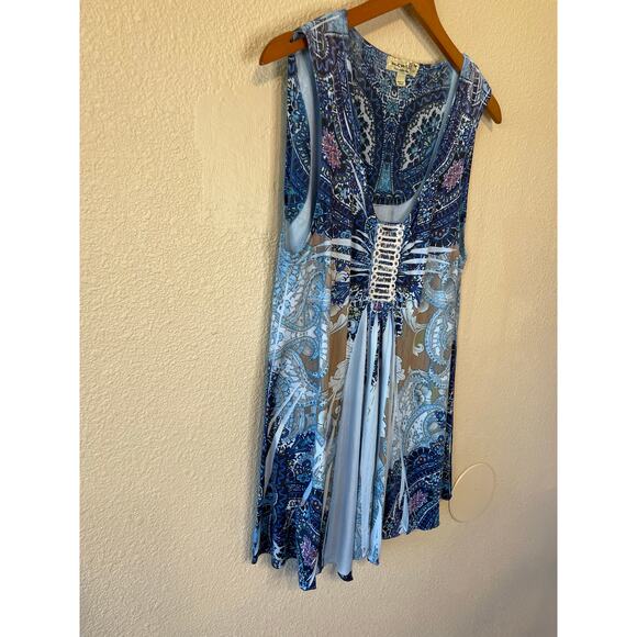 One World Live & Let Live Embroidered Printed Boho Blue Handkerchief Hem Tank M - Picture 10 of 13